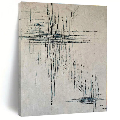 Beige with Blue Dripping Lines - Abstract Expressionist Acrylic On Canvas CT1315