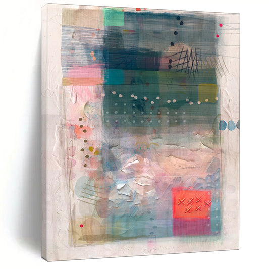 Blue, Pink, Textured Collage - "Coastal Patchwork" - Mixed - media Abstract Art CT1858