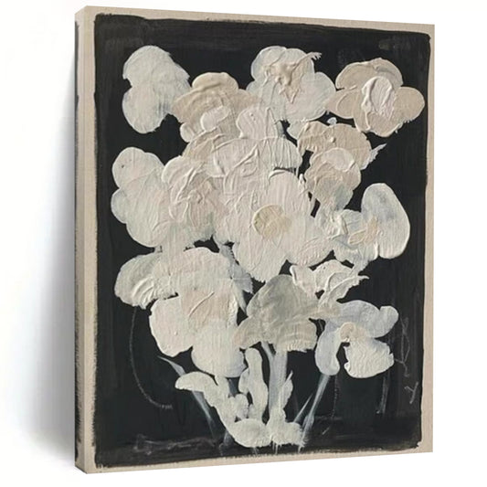 “White Flowers on Black” - Minimalist Floral Painting On Canvas DTP140
