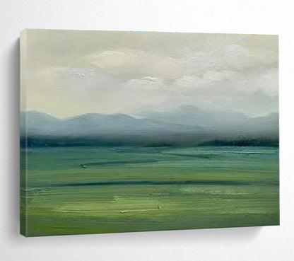 Muted Green and Gray Landscape “Misty Mountain Vista” Painting On Canvas DKH101