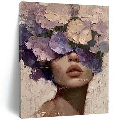 “Purple, Pink, Beige Floral Face ‘Blossom Beauty’” - Textured Figurative Painting On Canvas DTP329