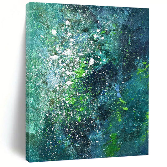 “Teal & Green Abstract Galaxy” - Teal, Green & White Cosmic - Inspired Painting On Canvas DKH1029