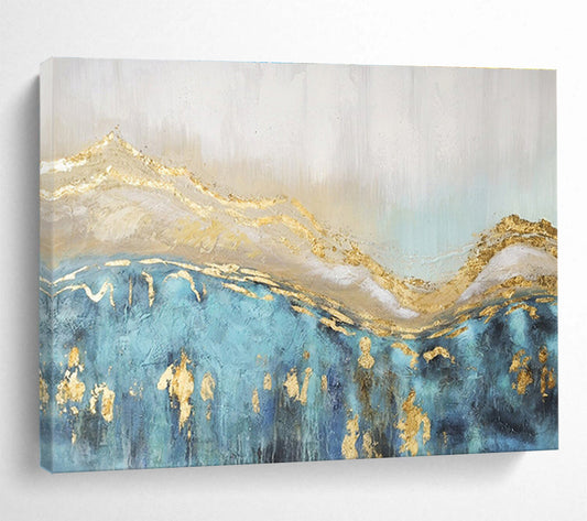 “Gilded Waves of Blue” - Blue, Gold, White Textured Abstract Painting On Canvas DKH733
