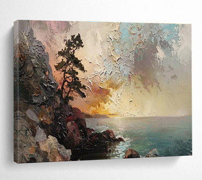 “Coastal Pine & Sunset” Impasto Seaside Painting On Canvas DKH463