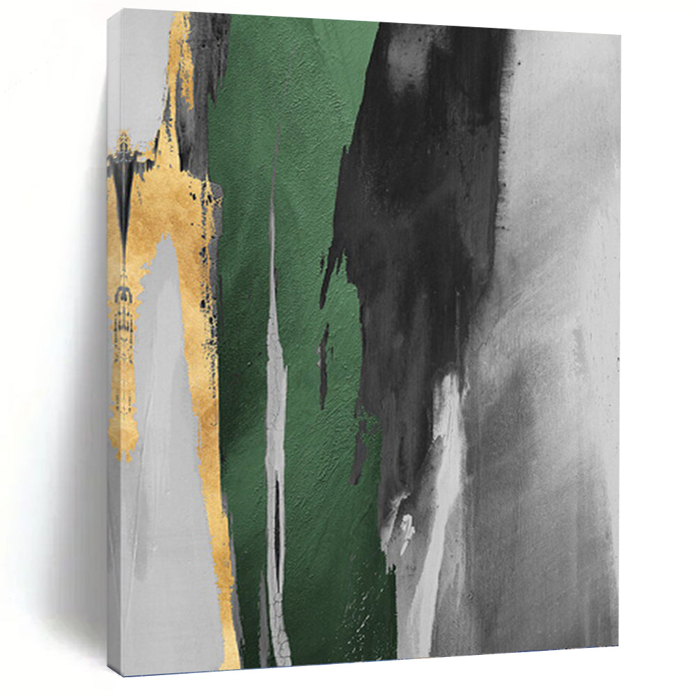 “Gilded Green Streak” - Green, Gold, Gray & White Abstract Brushstrokes Painting On Canvas DKH1522