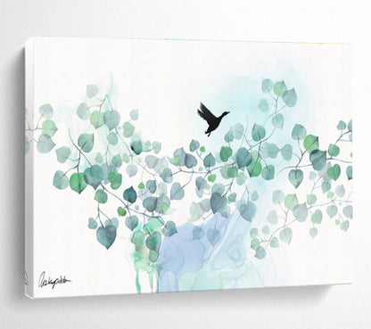 “Minimalist Bird and Foliage” Watercolor - Style Nature Painting On Canvas DKH539