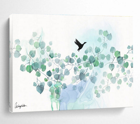 “Minimalist Bird and Foliage” Watercolor - Style Nature Painting On Canvas DKH539