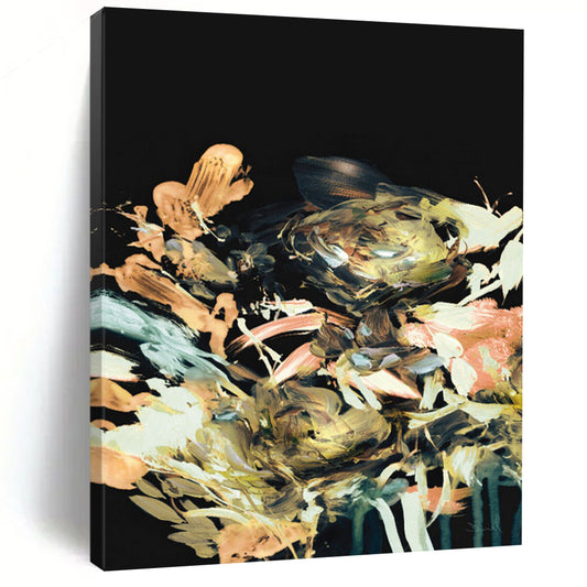 “Gilded Floral Burst on Black” - Impressionistic Floral Painting On Canvas DTP171