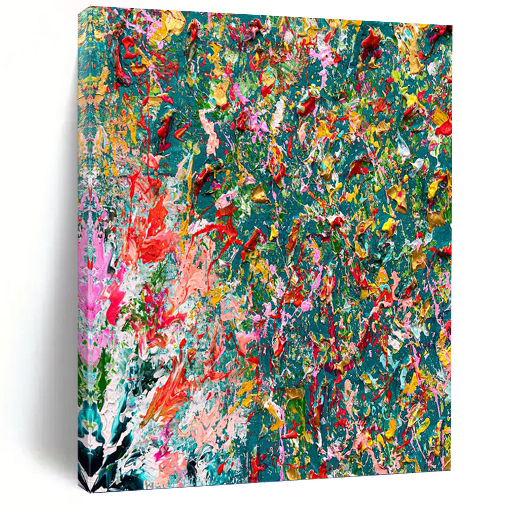 “Color Explosion on Teal” - Abstract Expressionist - Style Painting On Canvas DKH1682