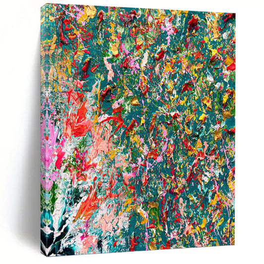 “Color Explosion on Teal” - Abstract Expressionist - Style Painting On Canvas DKH1682