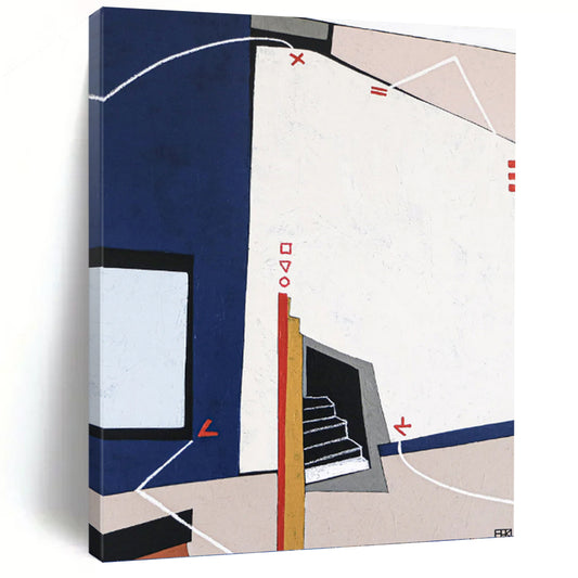 “Geometric Abstract with Blue, White, and Red Elements” - Architectural - Inspired Painting On Canvas DKH1106