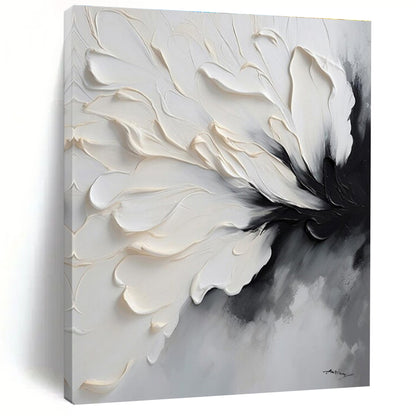 Black, White & Gray Textured Flower, “Silent Blossom” - Impasto Floral Painting CT0768