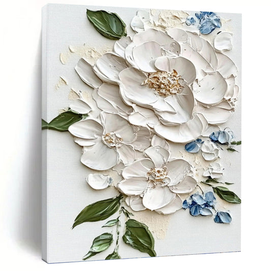 White Peony and Blue Accent Impasto - Textured Floral Painting On Canvas DKH1388