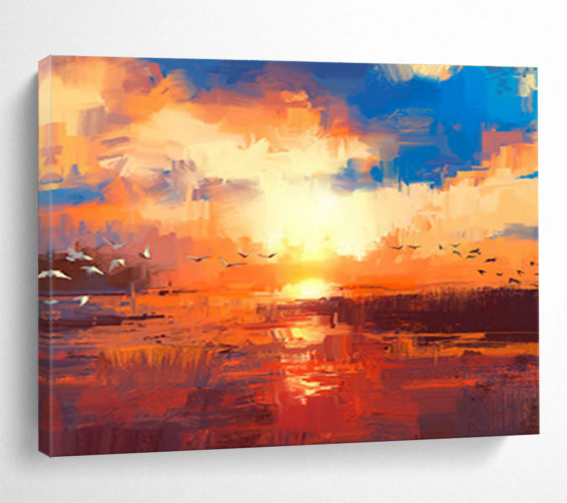 “Vibrant Sunset with Birds” Abstract Landscape Painting On Canvas DKH387