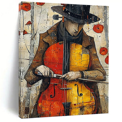 “Melodic Muse” - Colorful Cello Player with Poppies Background Painting On Canvas DKH1532