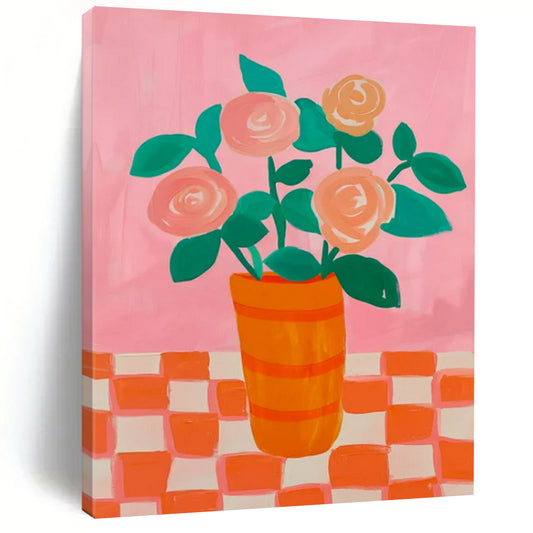 Pink & Orange Floral Vase - Folk - Art - Inspired Still - Life Painting On Canvas CT2258