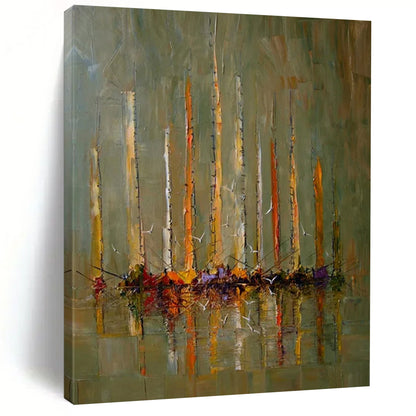 “Green, Orange, Yellow Sailboats ‘Harbor Harmony’” - Impasto Boat & Sea Painting On Canvas DTP330