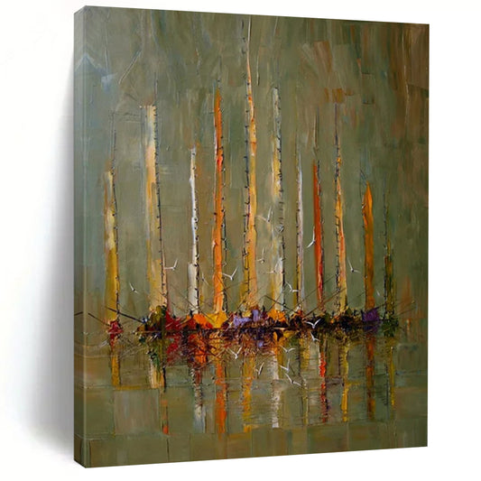 “Green, Orange, Yellow Sailboats ‘Harbor Harmony’” - Impasto Boat & Sea Painting On Canvas DTP330