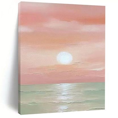 “Pink Sunset Sea” - Pink & Green Seascape Painting On Canvas CT2231