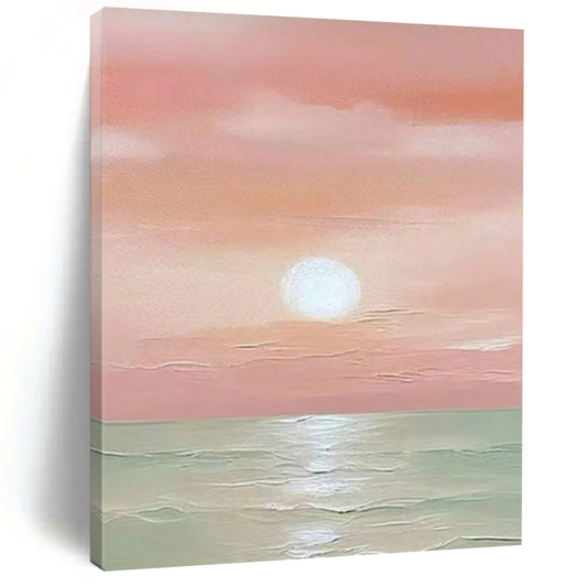 “Pink Sunset Sea” - Pink & Green Seascape Painting On Canvas CT2231