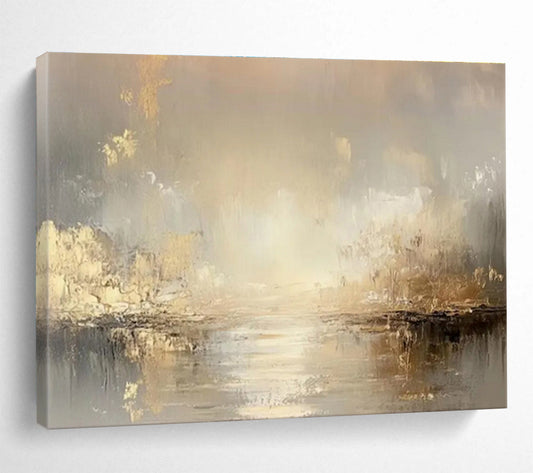Gold Accent River Landscape Painting On Canvas DKH323