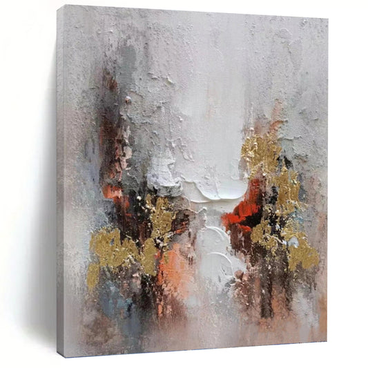 “Gilded Impasto” - Gray, Gold & Red Textured Abstract Painting On Canvas DKH1168