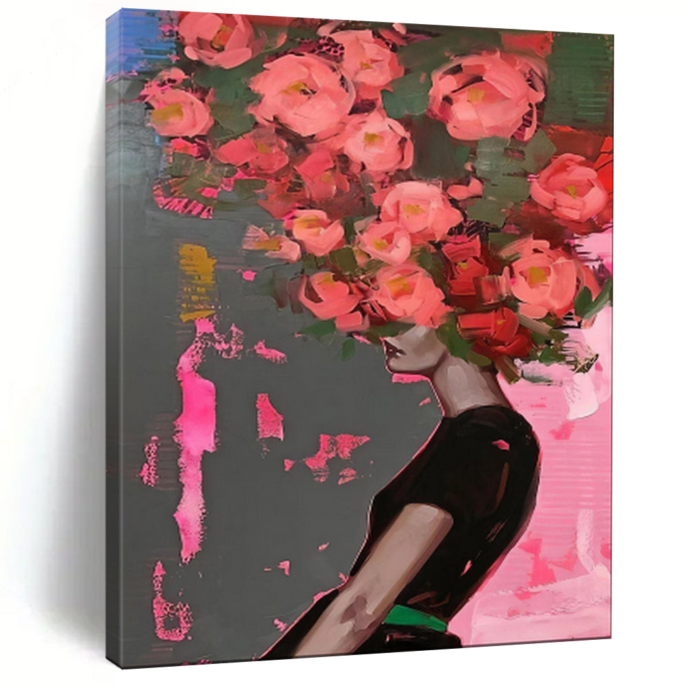 “Pink Flowers on Gray - Pink” - Pop - Surrealist Portrait Art CT1952