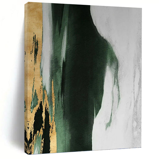 “Gold, Green & White Abstract” - Gold, Green, White & Black Abstract Painting On Canvas DKH1204
