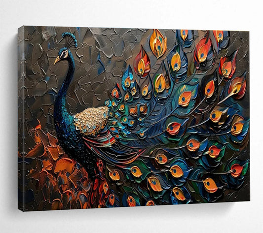 “Textured Peacock with Vivid Plumage” - Ornate Animal Painting On Canvas DKH807