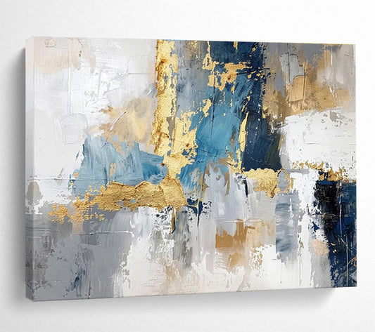 “Blue, Gray & Gold Abstract Fusion” Abstract Textured Painting On Canvas DKH344