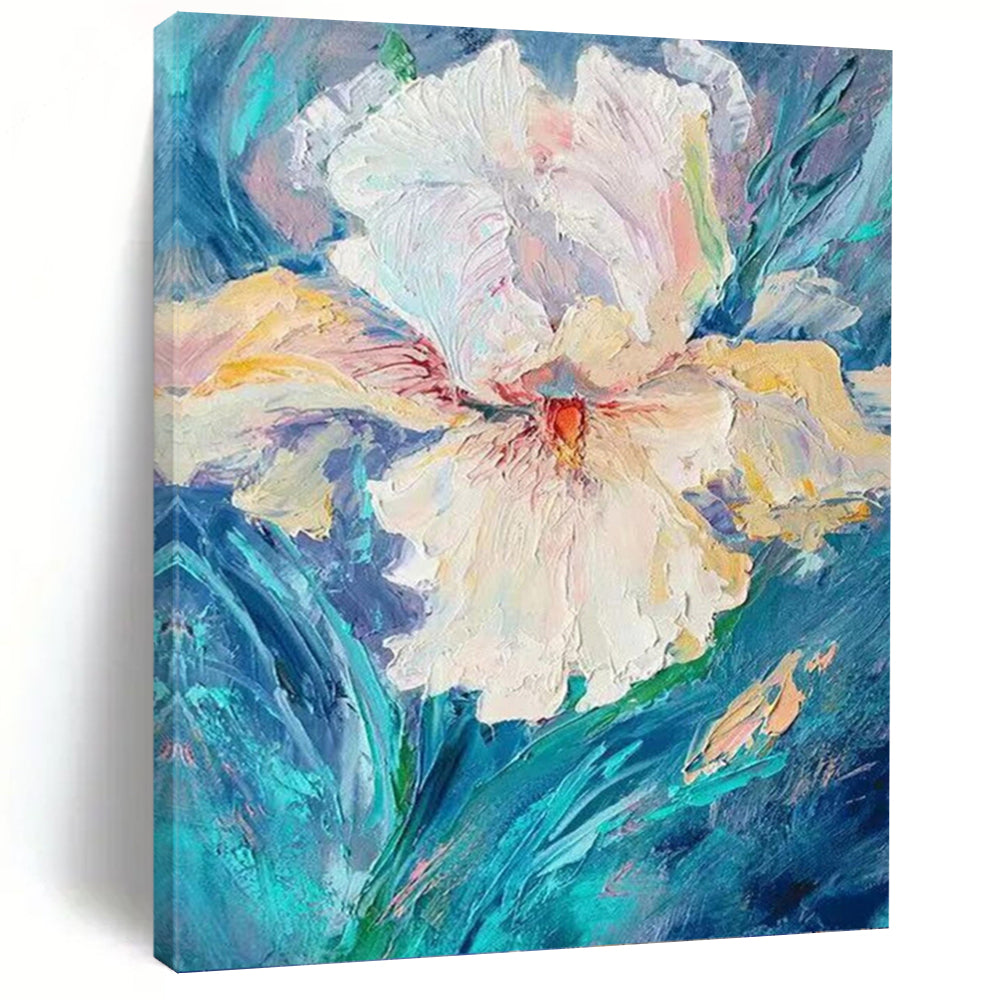 “Textured White Flower on Blue” - White, Pink & Blue Impasto Floral Painting On Canvas DKH0942