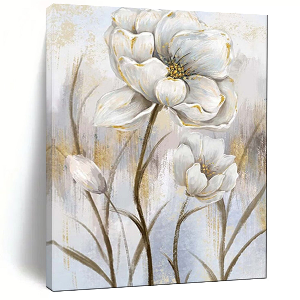 “Elegant White Blossoms: Gold - Accented Floral Art” - Mixed - Media on Canvas CT1906