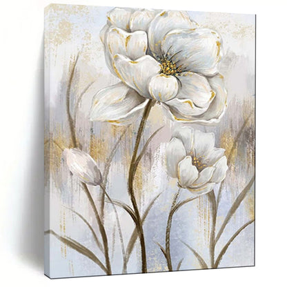 “Elegant White Blossoms: Gold - Accented Floral Art” - Mixed - Media on Canvas CT1906