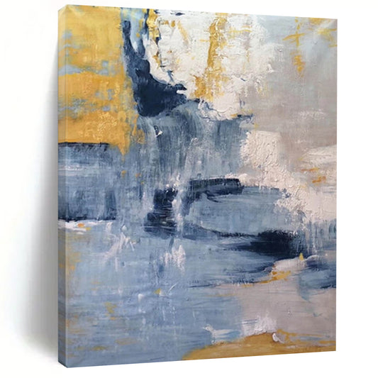 “Blue - Gold Abstract Cascade” - Blue, Gold, Gray Abstract Painting On Canvas DTP253
