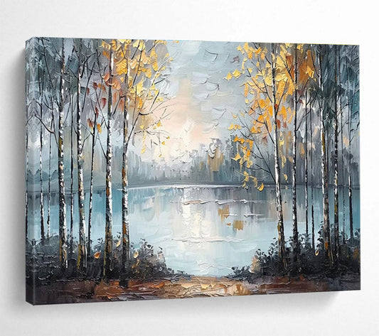 Autumn Forest Lake - Gray, Blue & Yellow Landscape Painting On Canvas DKH904