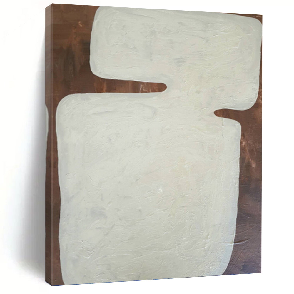 “White Abstract Shape on Brown Background” - Minimalist Abstract Painting On Canvas DKH1082