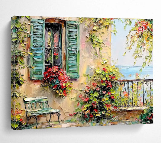 “Mediterranean Escape” - Green, Yellow, Red Floral & Architectural Oil Painting On Canvas DKH692