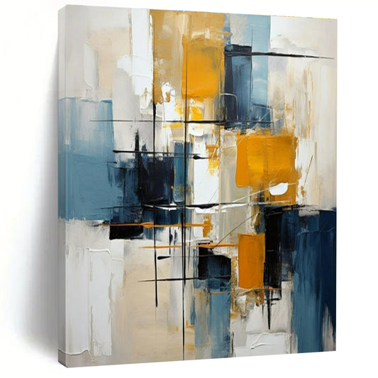 Vibrant Yellows, Blues & Neutrals, Dynamic Lines - "Urban Rhythm" - Abstract Oil Painting CT1435