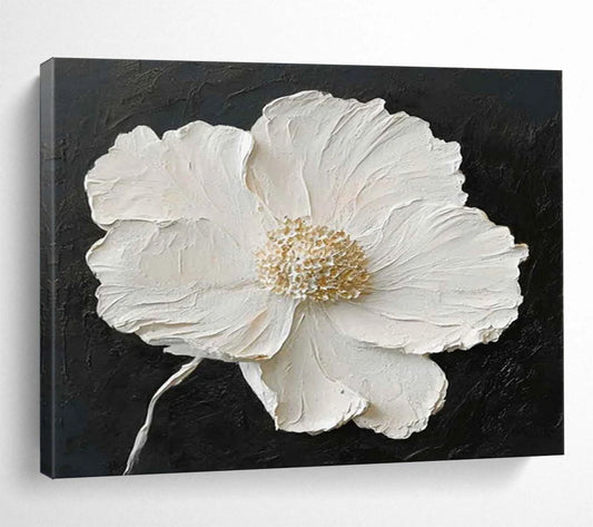“Textured White Flower on Black” 3D Floral Painting On Canvas DLZ091