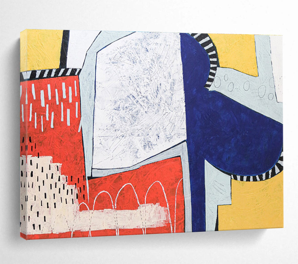 “Red - Blue Geometric Contrast” Abstract Acrylic Painting On Canvas DKH544
