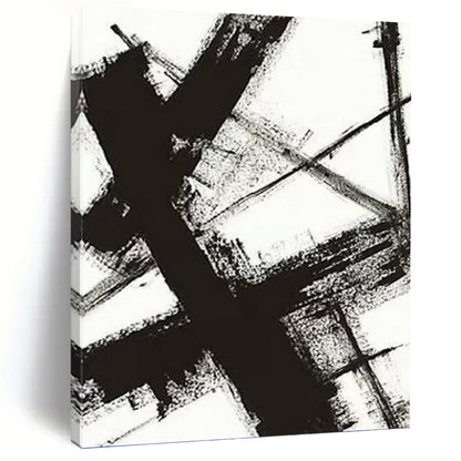 “Black & White Abstract Strokes” - Black & White Bold Minimalist Painting On Canvas DKH1028