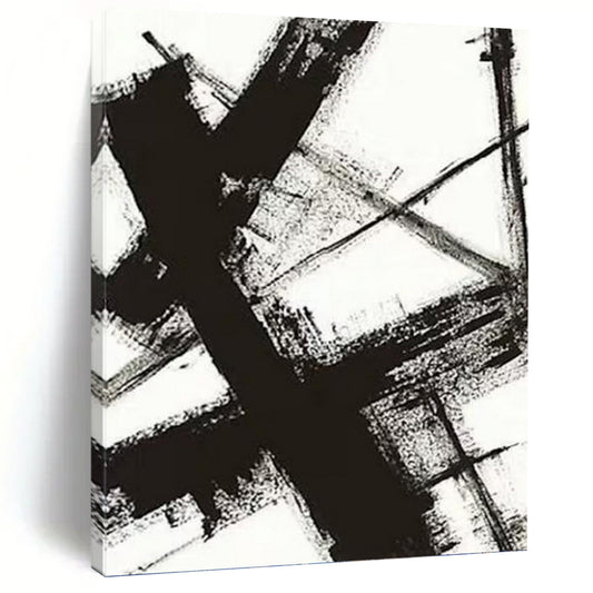 “Black & White Abstract Strokes” - Black & White Bold Minimalist Painting On Canvas DKH1028