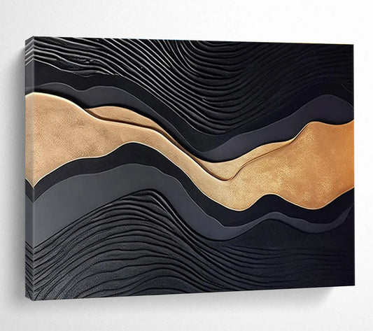 Black, Gold, and Gray Textured Abstract “Luxurious Wave Textures” Painting On Canvas DKH149