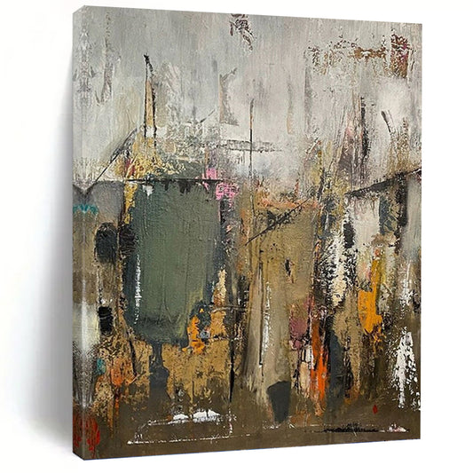 “Urban Abstract Layers” - Gray, Green, Orange & Pink Abstract Cityscape Painting DKH1038