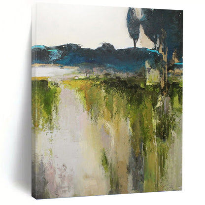 “Abstract Landscape Revisited” - Green, Blue, Gray & White Nature - Inspired Painting On Canvas DKH1022