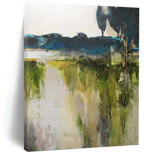 “Abstract Landscape Revisited” - Green, Blue, Gray & White Nature - Inspired Painting On Canvas DKH1022