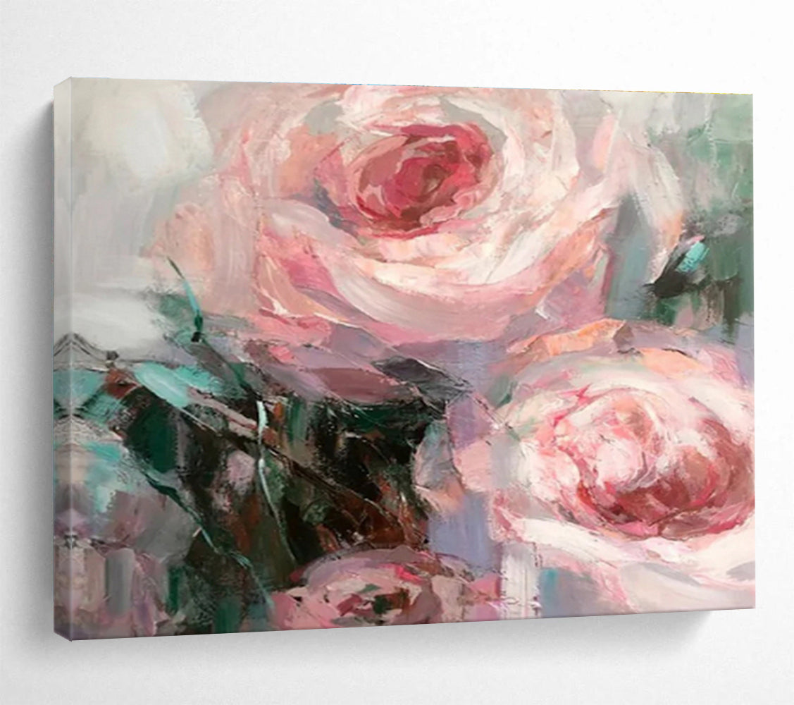 “Blush Rose Impasto” - Pink, White, Green Floral Oil Painting On Canvas DKH724