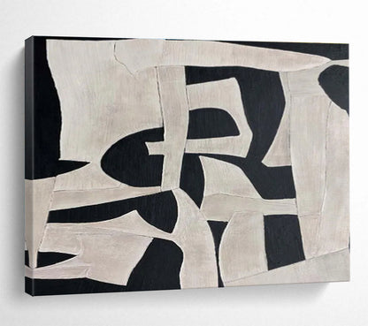 Black and White Geometric Abstract “Dynamic Shape Interplay” Painting On Canvas DKH091