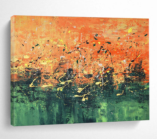 “Vibrant Splatter: Orange & Green” Abstract Expressionist Painting On Canvas DKH345