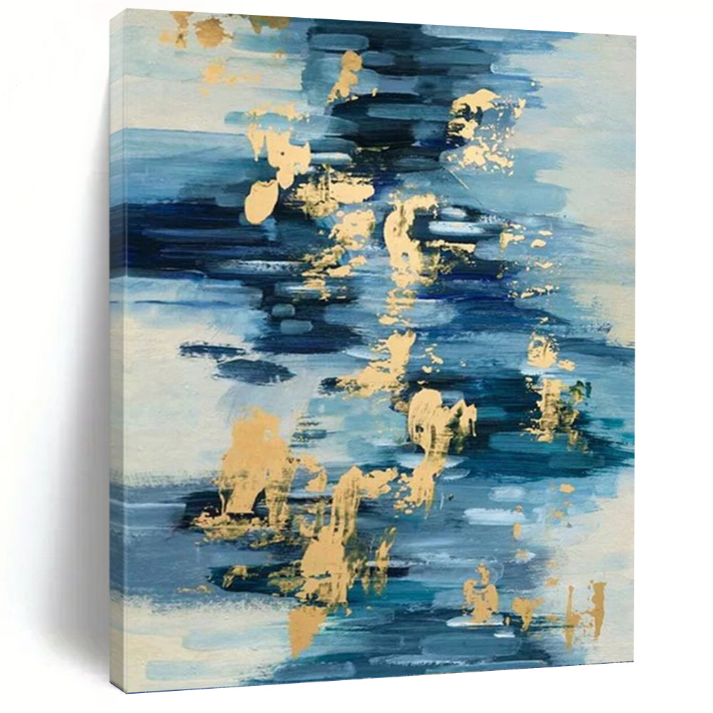 “Blue - Gold Fluid Reflections” - Blue, White & Gold Abstract Water - Inspired Painting On Canvas DKH0931